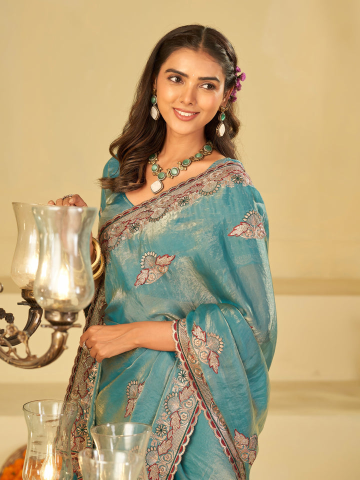 Sky Blue Designer Fendy Satin Saree with Floral Embroidered Border & Elegant Thread Work | Premium Festive Party Wear Saree