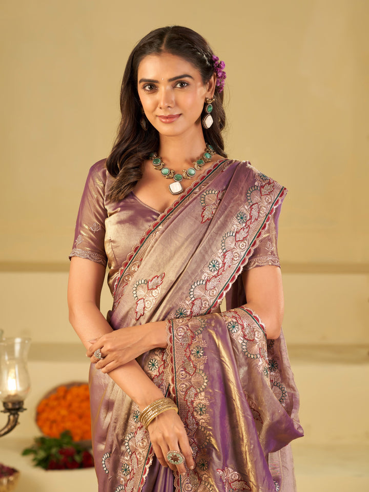 Lavender Designer Fendy Satin Saree with Floral Embroidered Border & Elegant Thread Work | Premium Festive Party Wear Saree