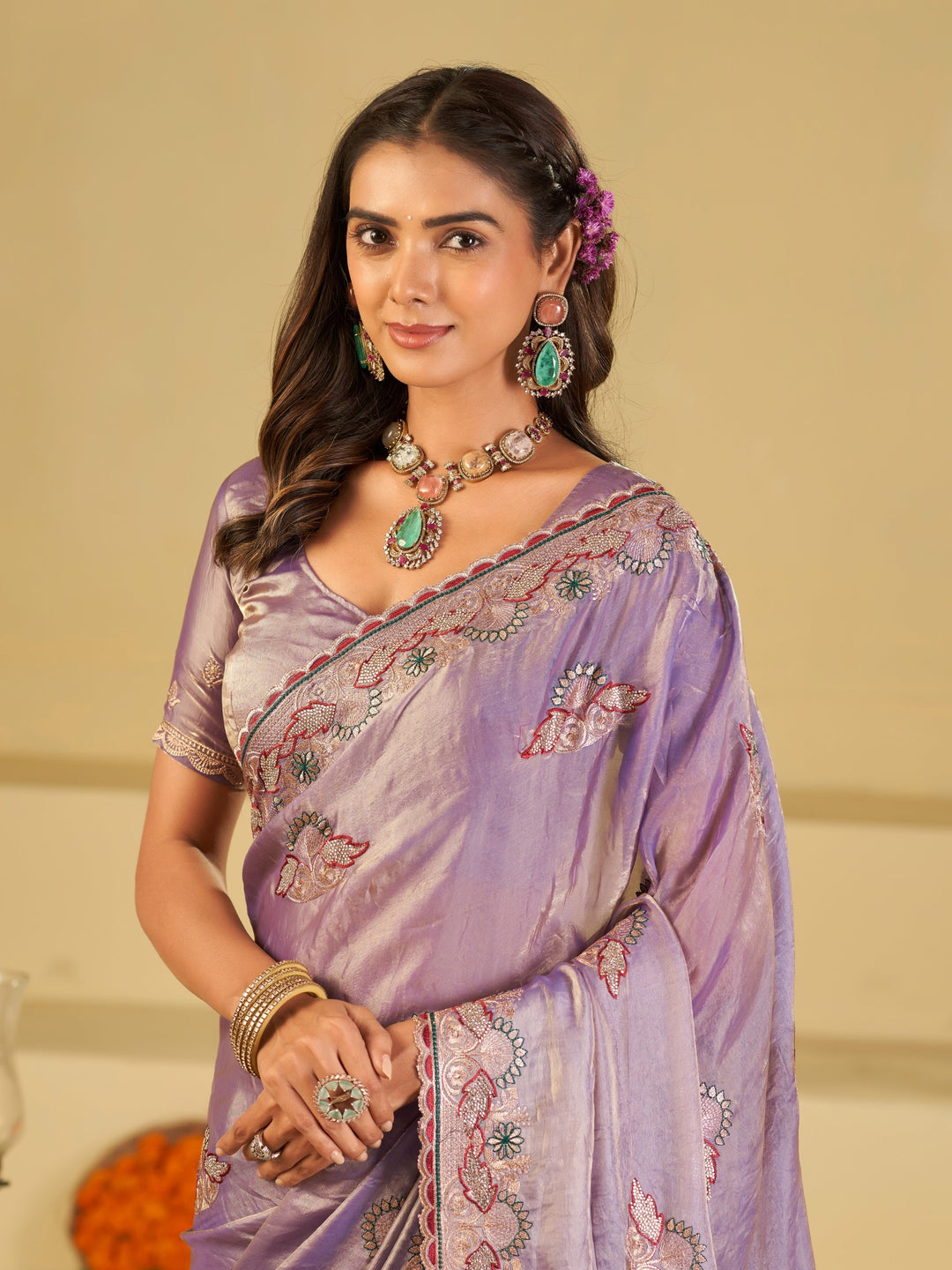 Lavender Premium Fendy Satin Saree with Floral Embroidered Border & Elegant Designer Thread Work | Festive Party Wear Saree