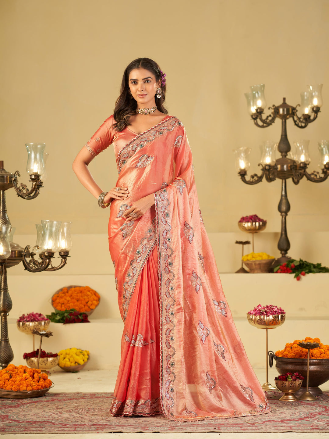 Coral Peach Designer Fendy Satin Saree with Floral Embroidered Border & Elegant Thread Work | Premium Festive Party Wear Saree