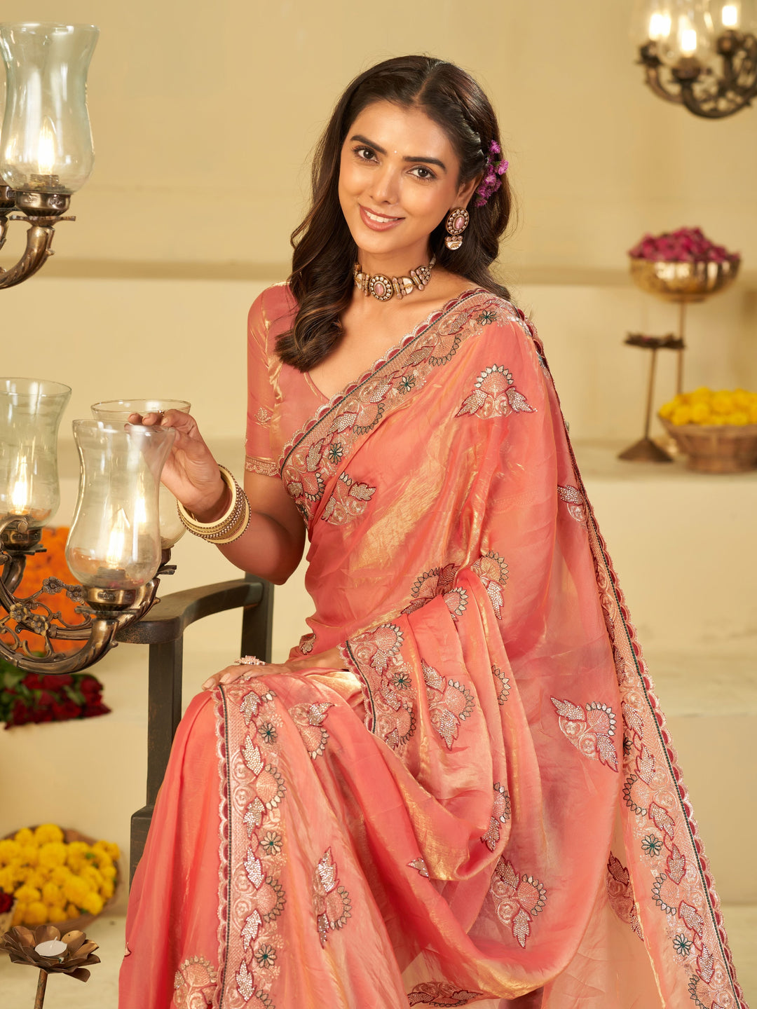 Coral Peach Designer Fendy Satin Saree with Floral Embroidered Border & Elegant Thread Work | Premium Festive Party Wear Saree