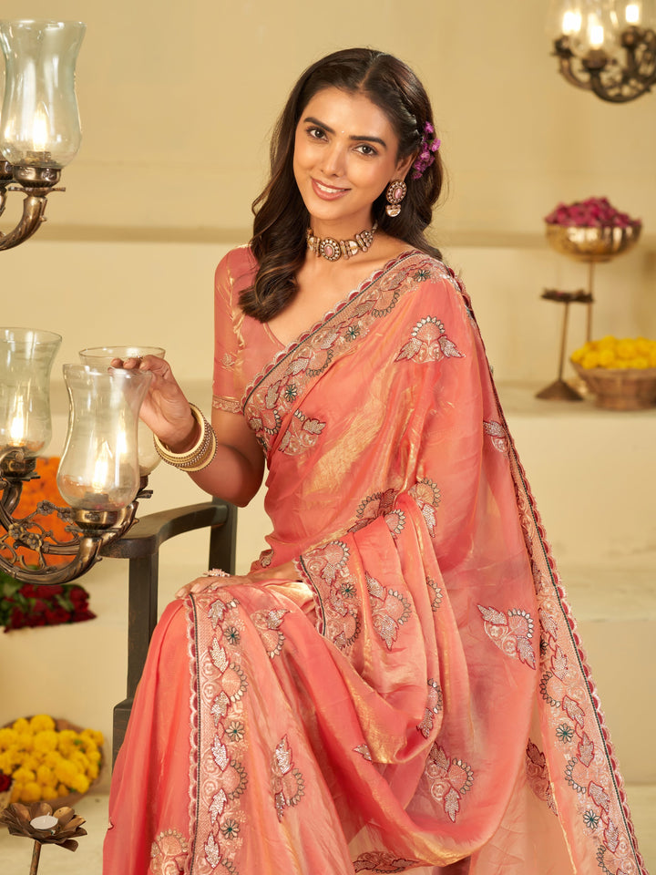 Coral Peach Designer Fendy Satin Saree with Floral Embroidered Border & Elegant Thread Work | Premium Festive Party Wear Saree