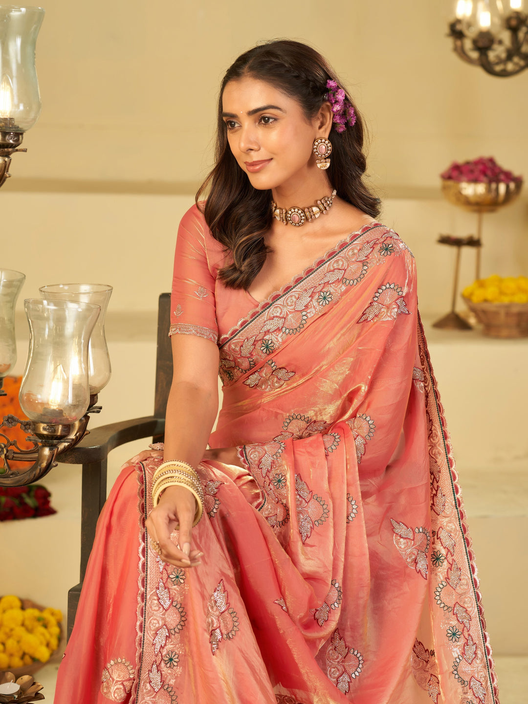 Coral Peach Designer Fendy Satin Saree with Floral Embroidered Border & Elegant Thread Work | Premium Festive Party Wear Saree