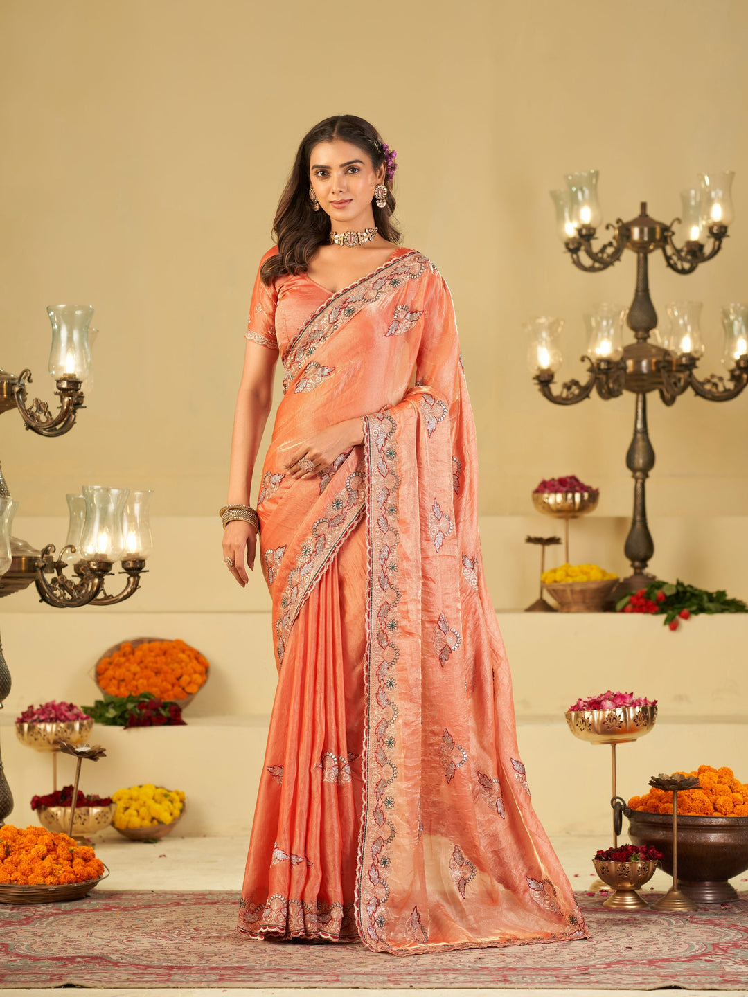 Peach Designer Fendy Satin Saree with Floral Embroidered Border & Elegant Thread Work | Premium Festive Party Wear Saree
