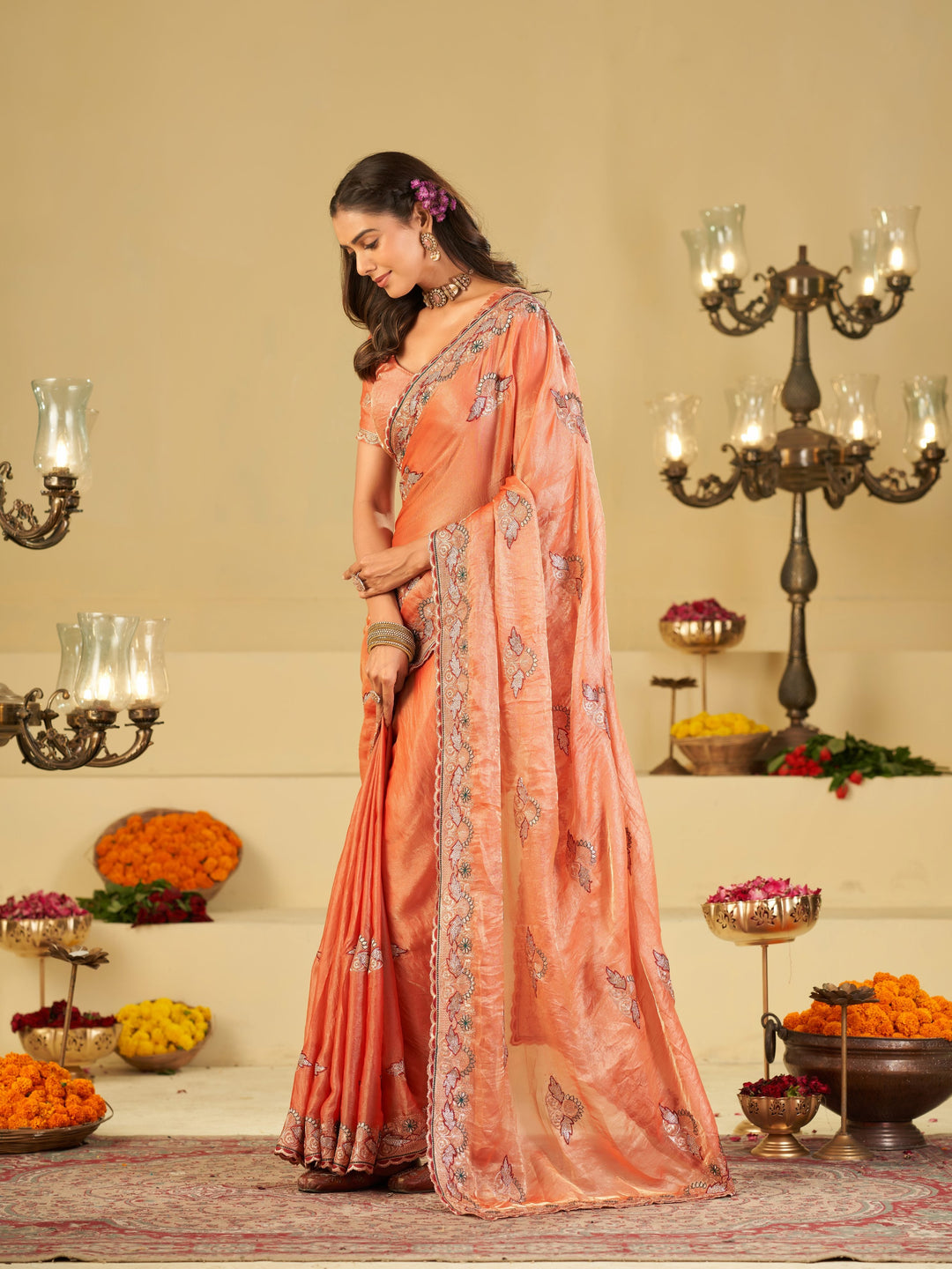 Peach Designer Fendy Satin Saree with Floral Embroidered Border & Elegant Thread Work | Premium Festive Party Wear Saree