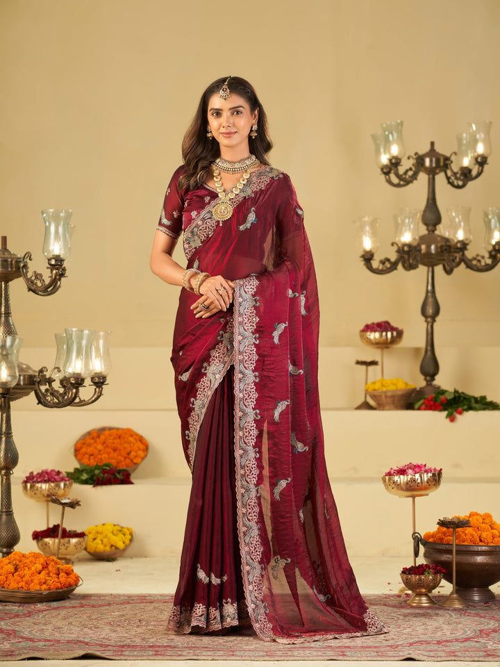 Maroon Designer Fendy Satin Saree with Peacock Embroidery & Heavy Embroidered Border | Premium Festive Wedding Wear Saree