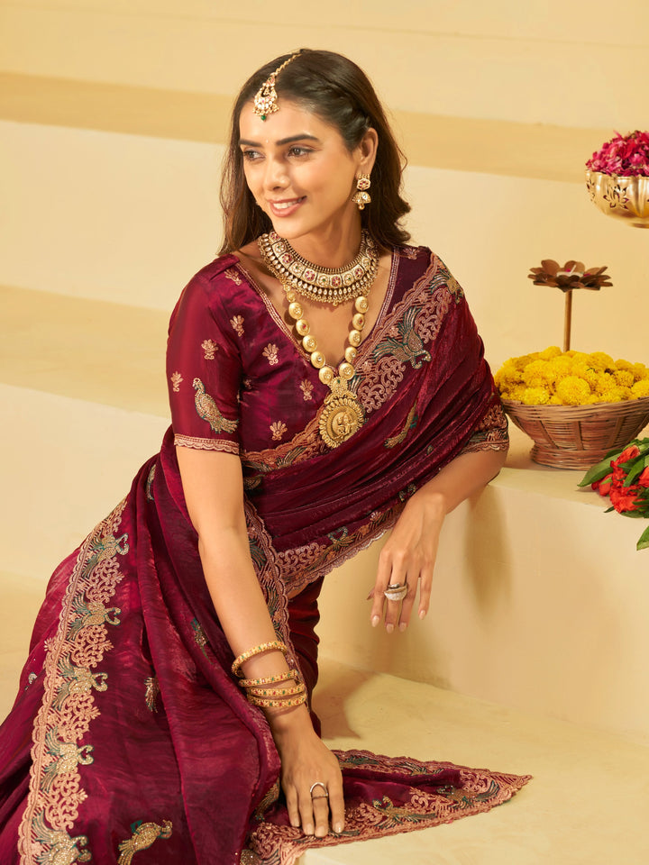 Maroon Designer Fendy Satin Saree with Peacock Embroidery & Heavy Embroidered Border | Premium Festive Wedding Wear Saree
