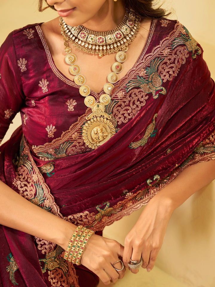 Maroon Designer Fendy Satin Saree with Peacock Embroidery & Heavy Embroidered Border | Premium Festive Wedding Wear Saree