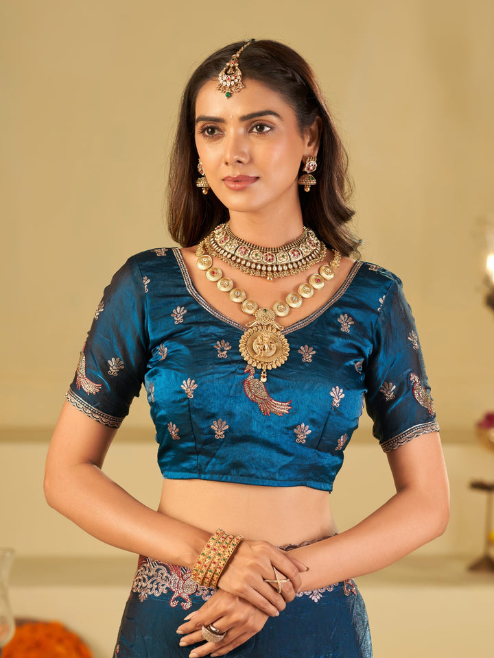 Royal Blue Designer Fendy Satin Saree with Peacock Embroidery & Heavy Embroidered Border | Premium Festive Wedding Wear Saree