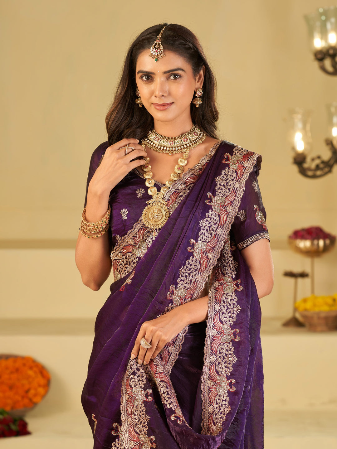 Royal Purple Designer Fendy Satin Saree with Peacock Embroidery & Heavy Embroidered Border | Premium Wedding Party Wear Saree