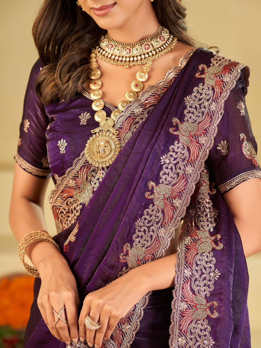 Royal Purple Designer Fendy Satin Saree with Peacock Embroidery & Heavy Embroidered Border | Premium Wedding Party Wear Saree