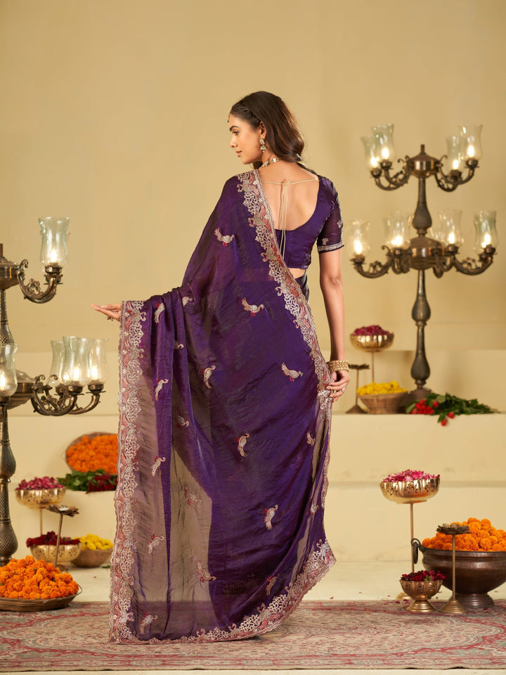 Royal Purple Designer Fendy Satin Saree with Peacock Embroidery & Heavy Embroidered Border | Premium Wedding Party Wear Saree