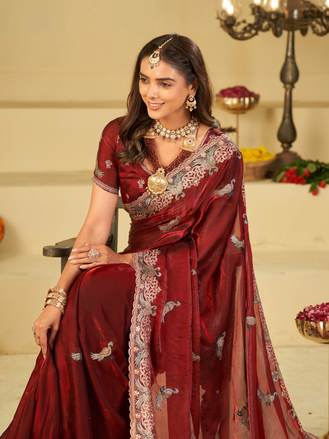 Wine Red Designer Fendy Satin Saree with Peacock Embroidery & Heavy Floral Embroidered Border | Premium Wedding Festive Wear Saree