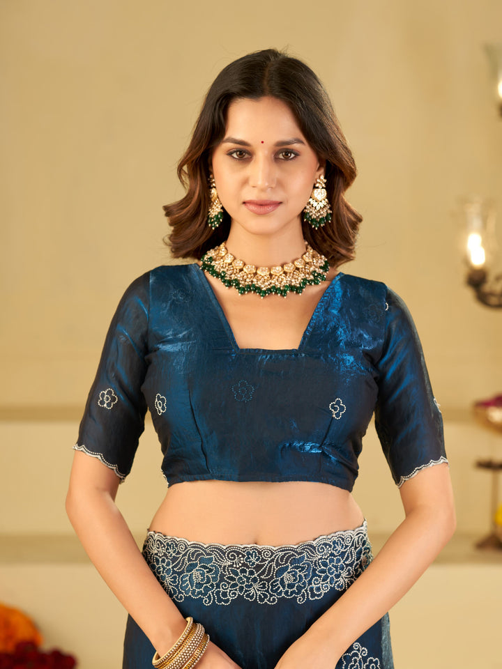 Royal Blue Fendy Satin Saree with White Floral Embroidery Border | Designer Party Wear Saree with Embroidered Blouse