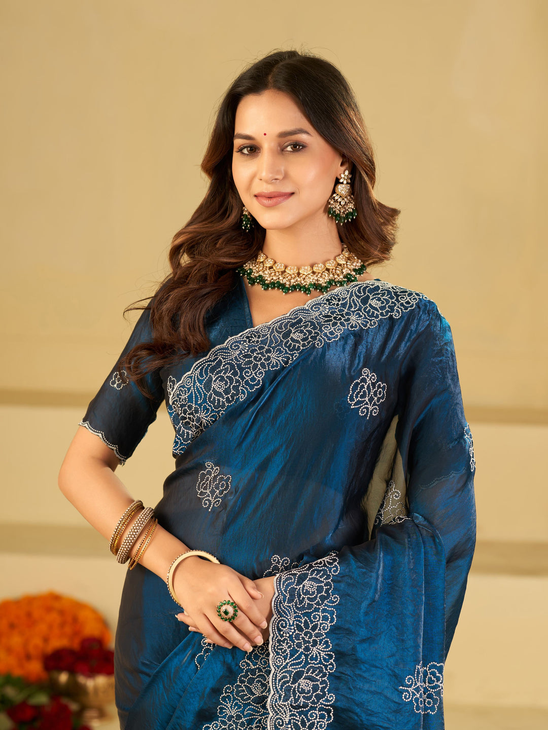 Royal Blue Fendy Satin Saree with White Floral Embroidery Border | Designer Party Wear Saree with Embroidered Blouse