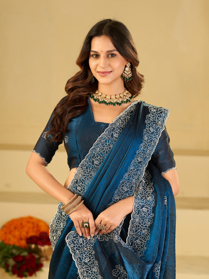 Royal Blue Fendy Satin Saree with White Floral Embroidery Border | Designer Party Wear Saree with Embroidered Blouse