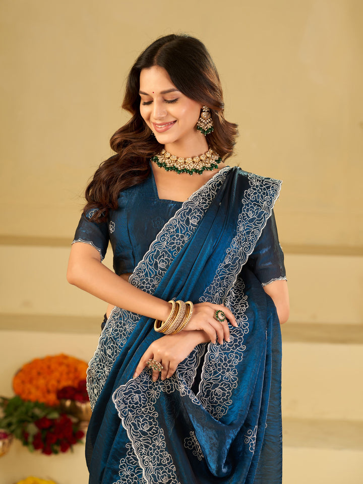 Royal Blue Fendy Satin Saree with White Floral Embroidery Border | Designer Party Wear Saree with Embroidered Blouse