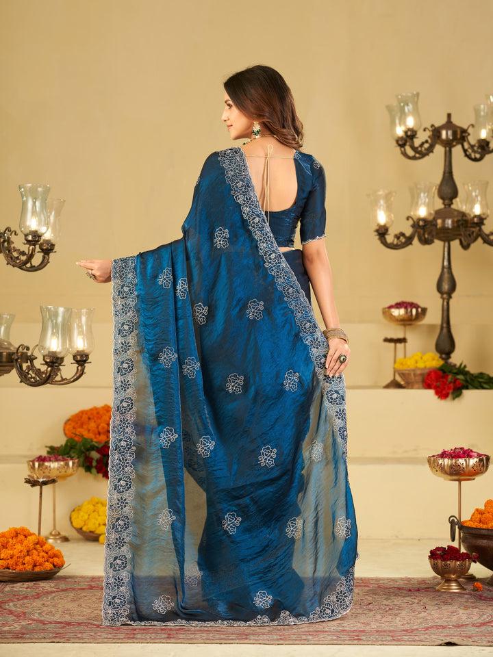 Royal Blue Fendy Satin Saree with White Floral Embroidery Border | Designer Party Wear Saree with Embroidered Blouse