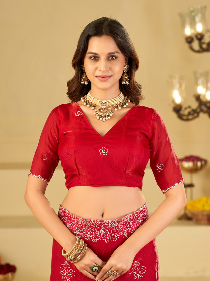 Bright Red Fendy Satin Saree with White Floral Embroidery Border | Designer Festive Party Wear Saree with Blouse