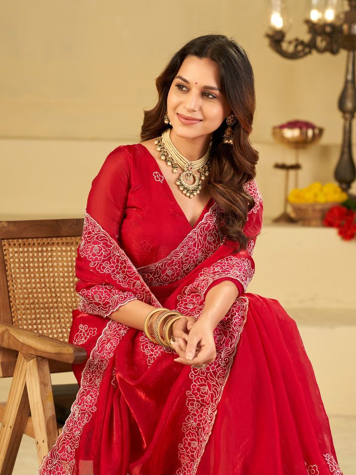 Bright Red Fendy Satin Saree with White Floral Embroidery Border | Designer Festive Party Wear Saree with Blouse