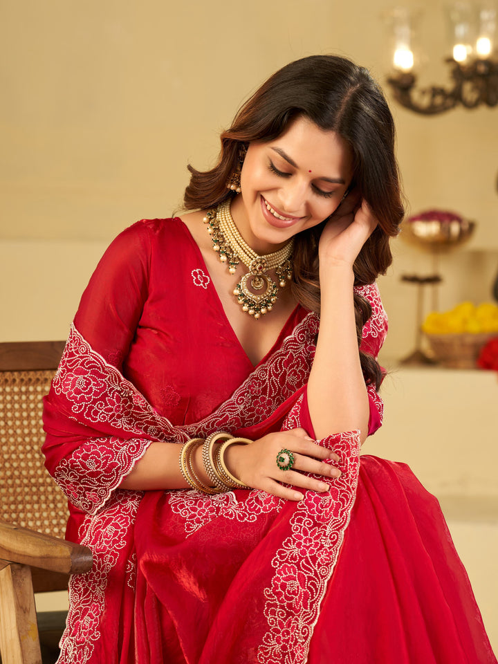 Bright Red Fendy Satin Saree with White Floral Embroidery Border | Designer Festive Party Wear Saree with Blouse