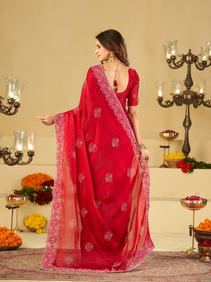 Bright Red Fendy Satin Saree with White Floral Embroidery Border | Designer Festive Party Wear Saree with Blouse