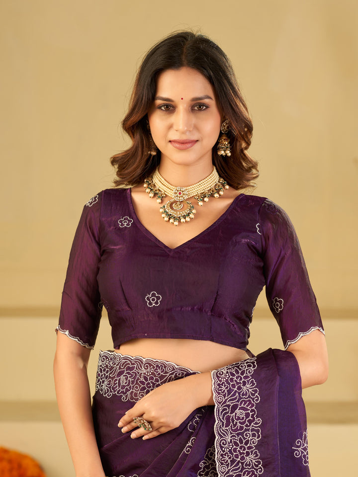 Royal Purple Fendy Satin Saree with White Floral Embroidery Border | Elegant Designer Party Wear Saree with Blouse