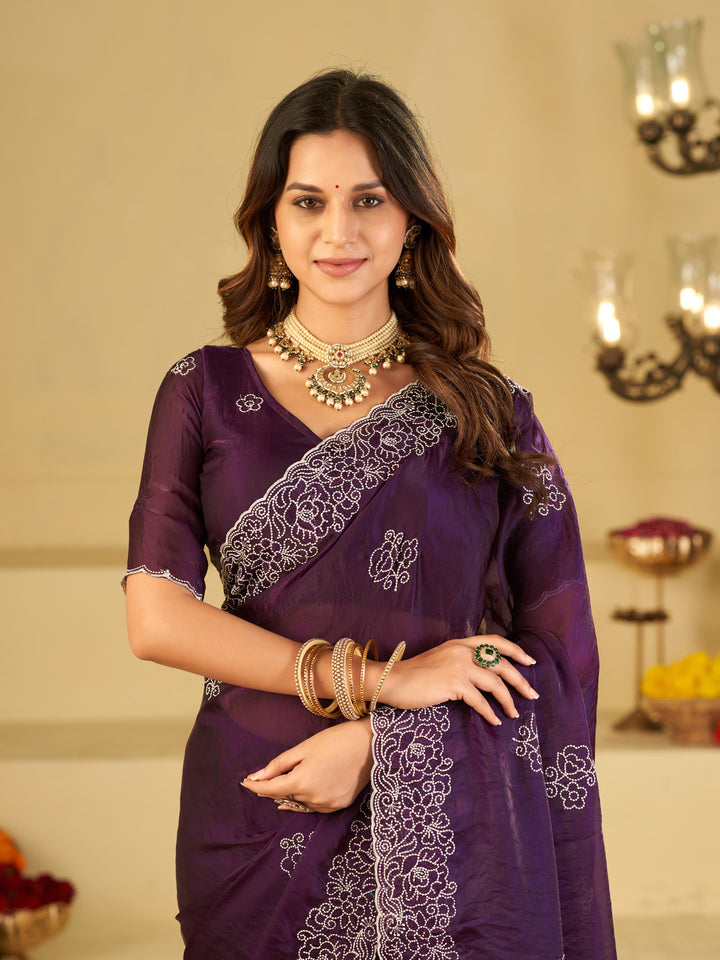 Royal Purple Fendy Satin Saree with White Floral Embroidery Border | Elegant Designer Party Wear Saree with Blouse