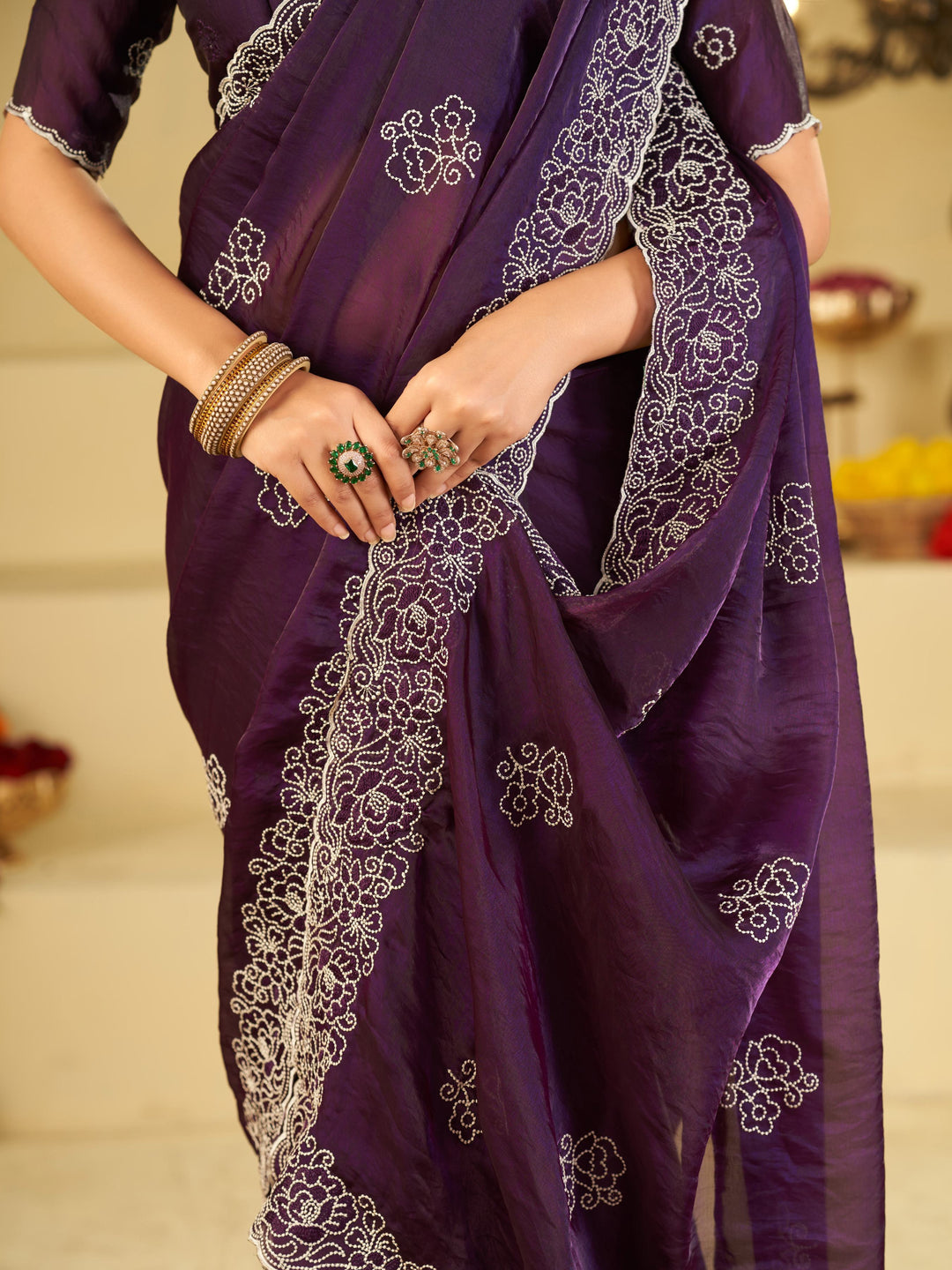 Royal Purple Fendy Satin Saree with White Floral Embroidery Border | Elegant Designer Party Wear Saree with Blouse
