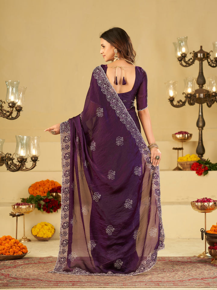 Royal Purple Fendy Satin Saree with White Floral Embroidery Border | Elegant Designer Party Wear Saree with Blouse