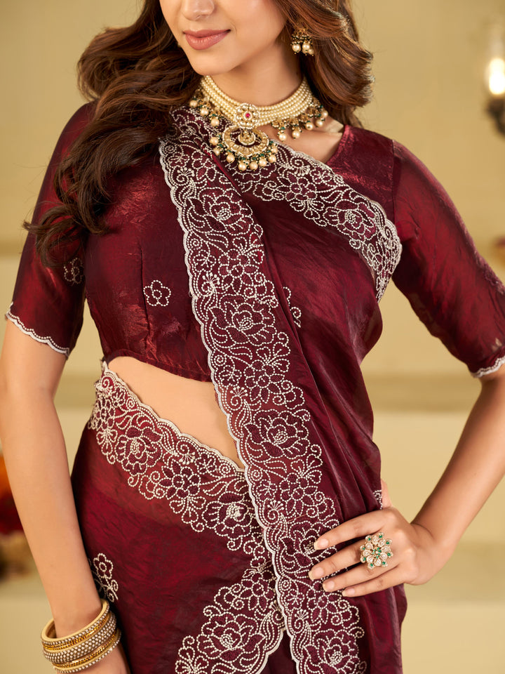 Wine Red Fendy Satin Saree with White Floral Embroidery Border | Designer Festive Wear Saree with Embroidered Blouse