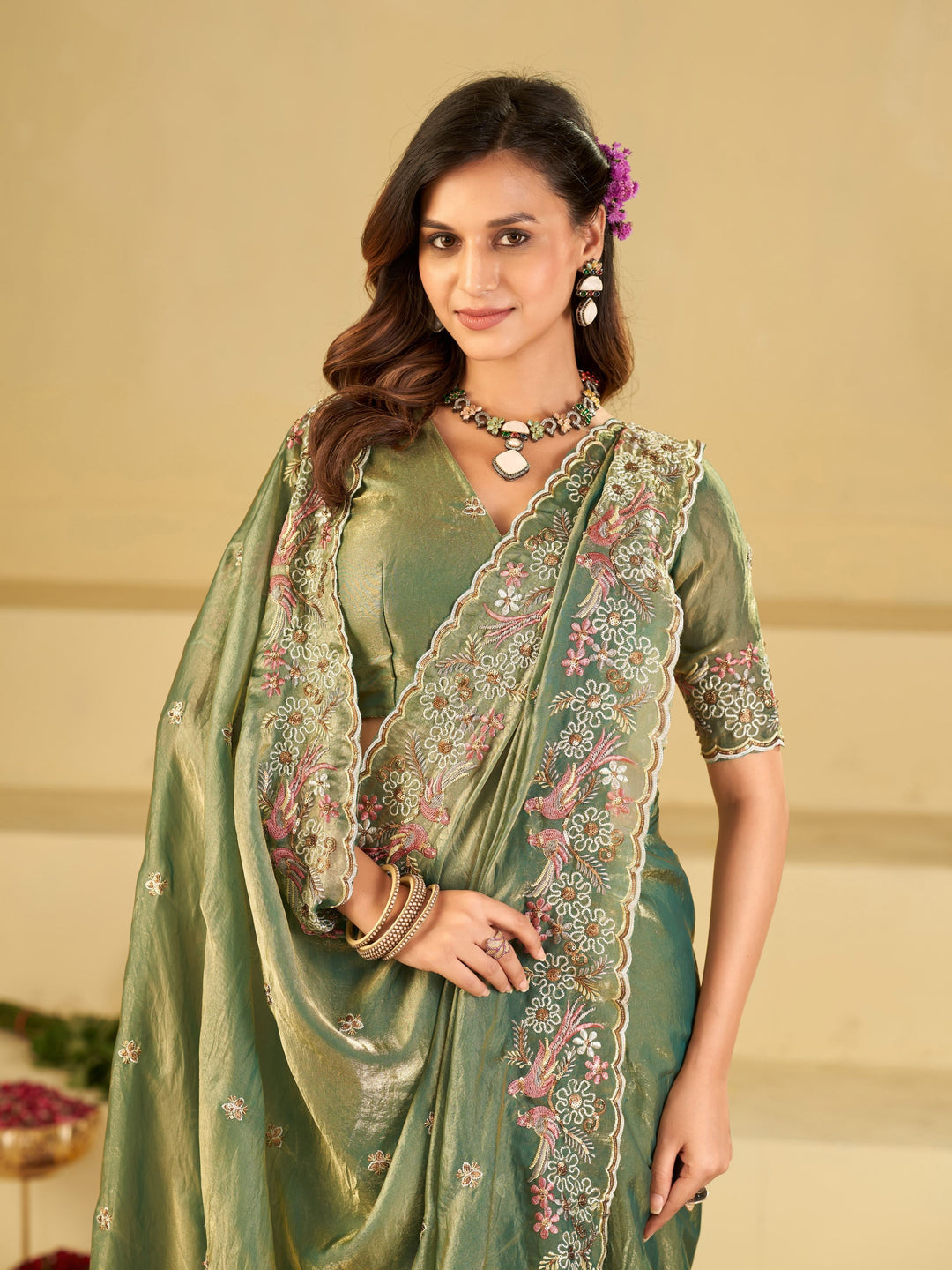 Sage Green Fendy Satin Saree with Floral Embroidery Border | Designer Party Wear Embroidered Saree with Blouse