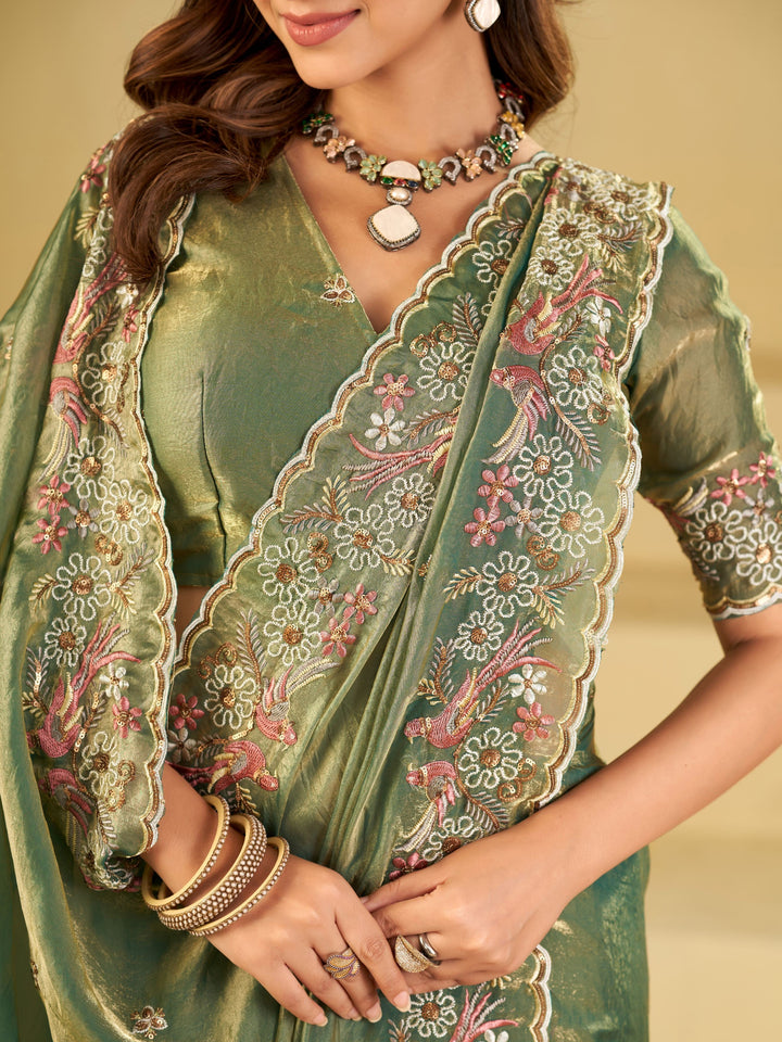 Sage Green Fendy Satin Saree with Floral Embroidery Border | Designer Party Wear Embroidered Saree with Blouse
