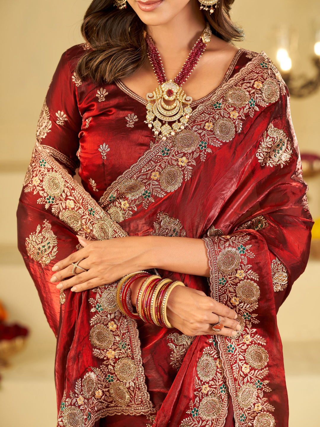 Wine Red Designer Fendy Satin Saree with Heavy Floral Embroidery Work | Premium Wedding & Festive Wear Embroidered Saree with Blouse