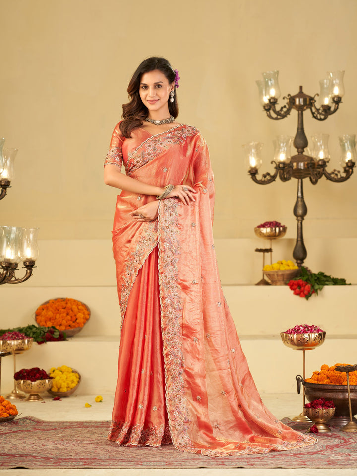 Peach Pink Fendy Satin Saree with Floral Embroidery Border | Designer Embroidered Party Wear Saree with Blouse