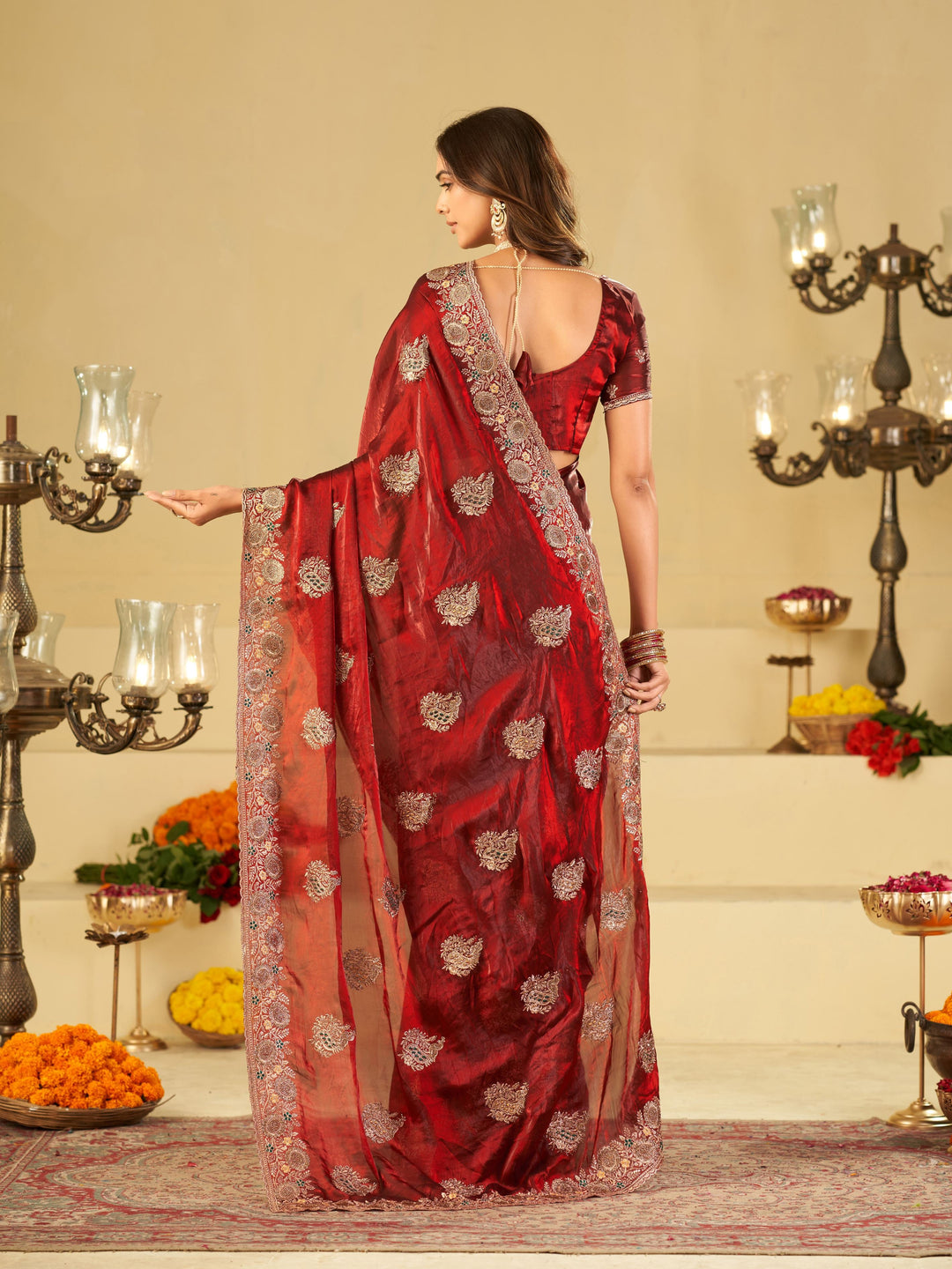 Wine Red Designer Fendy Satin Saree with Heavy Floral Embroidery Work | Premium Wedding & Festive Wear Embroidered Saree with Blouse
