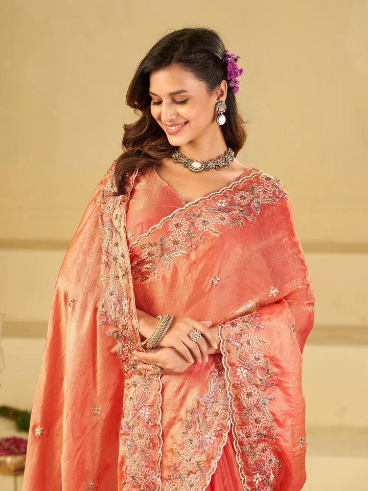 Peach Pink Fendy Satin Saree with Floral Embroidery Border | Designer Embroidered Party Wear Saree with Blouse