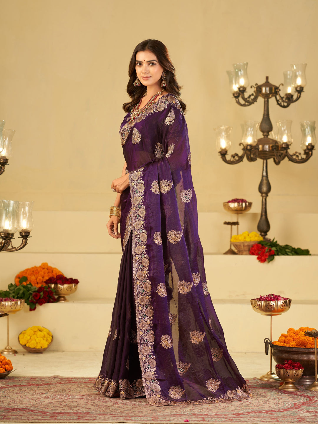Royal Purple Designer Fendy Satin Saree with Heavy Floral Embroidery Work | Premium Wedding & Party Wear Embroidered Saree with Blouse