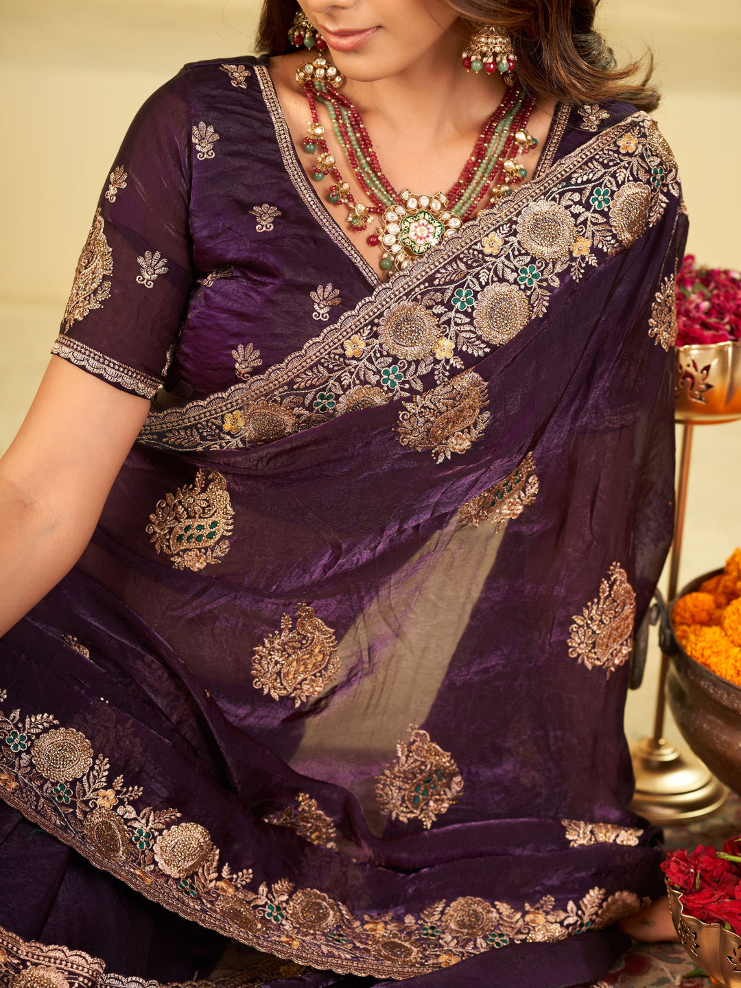 Royal Purple Designer Fendy Satin Saree with Heavy Floral Embroidery Work | Premium Wedding & Party Wear Embroidered Saree with Blouse