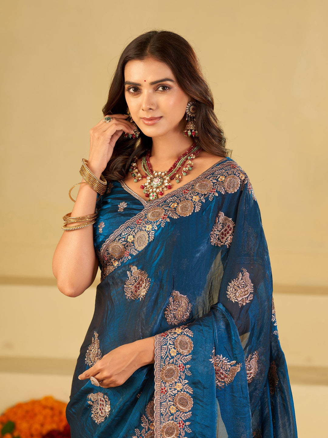 Royal Blue Designer Fendy Satin Saree with Heavy Floral Embroidery Work | Premium Party Wear Wedding Saree with Embroidered Border & Blouse