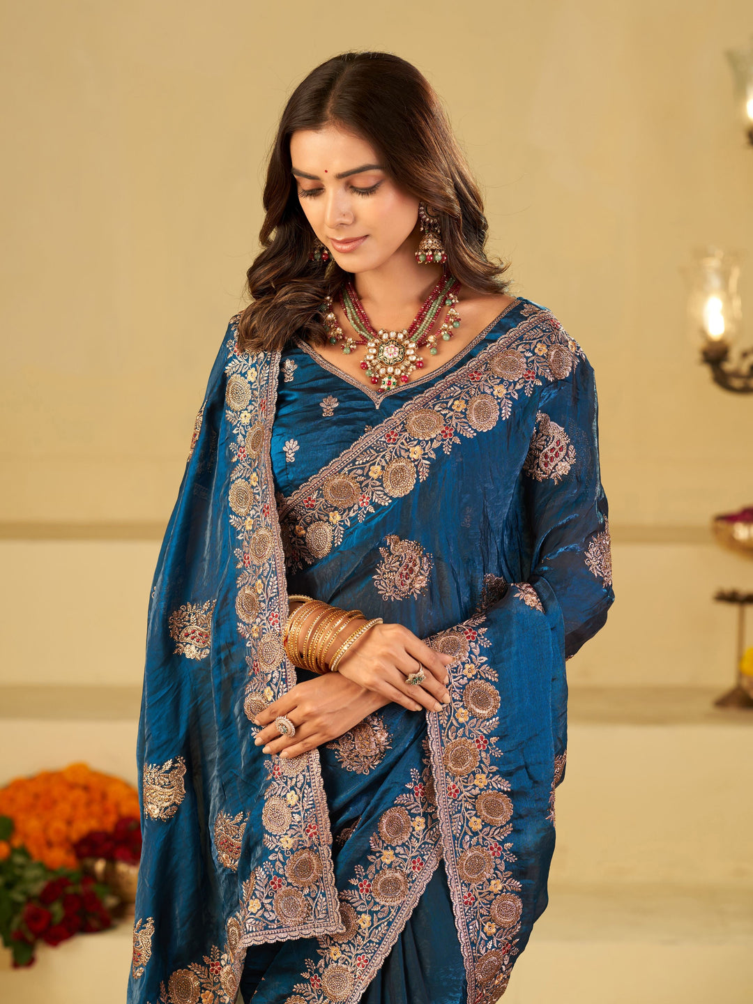Royal Blue Designer Fendy Satin Saree with Heavy Floral Embroidery Work | Premium Party Wear Wedding Saree with Embroidered Border & Blouse