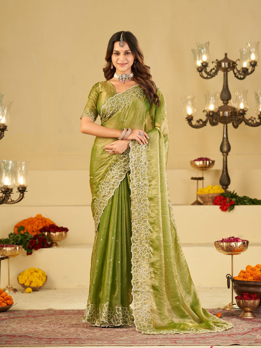 Pista Green Fendy Satin Saree with White Floral Embroidery Border | Elegant Designer Festive Wear Saree with Blouse