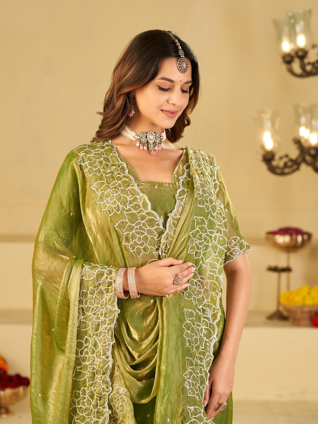 Pista Green Fendy Satin Saree with White Floral Embroidery Border | Elegant Designer Festive Wear Saree with Blouse