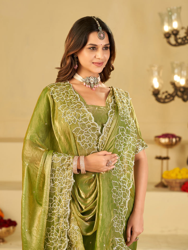 Pista Green Fendy Satin Saree with White Floral Embroidery Border | Elegant Designer Festive Wear Saree with Blouse