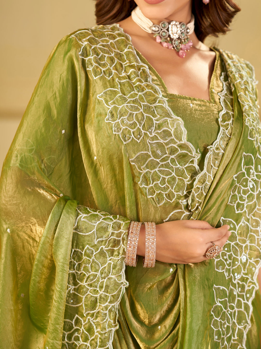 Pista Green Fendy Satin Saree with White Floral Embroidery Border | Elegant Designer Festive Wear Saree with Blouse