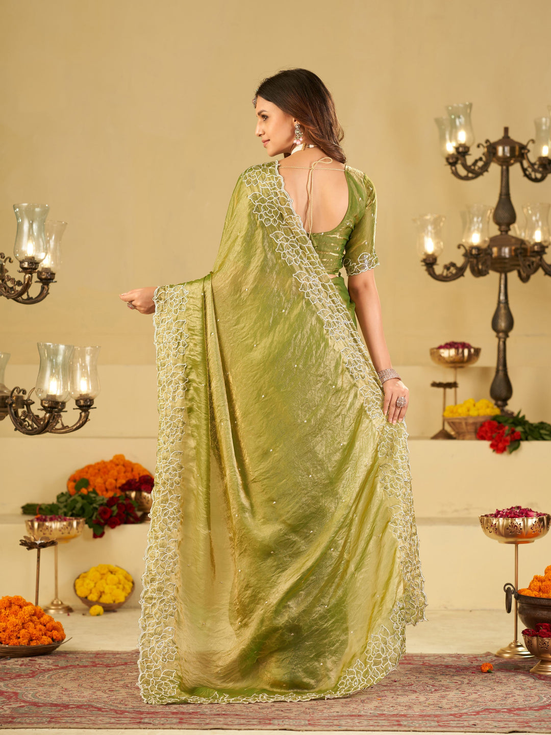 Pista Green Fendy Satin Saree with White Floral Embroidery Border | Elegant Designer Festive Wear Saree with Blouse