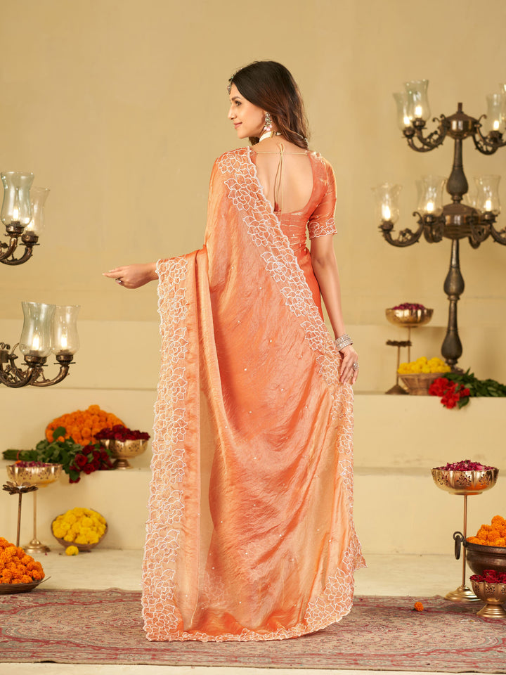 Peach Orange Fendy Satin Saree with White Floral Embroidery Border | Elegant Designer Festive Wear Saree with Blouse