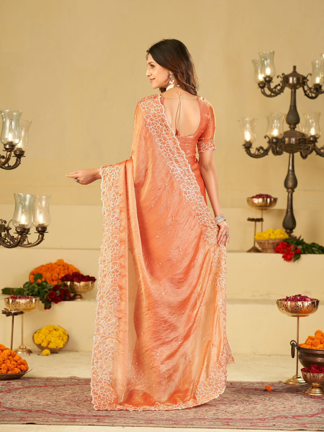 Peach Orange Fendy Satin Saree with White Floral Embroidery Border | Elegant Designer Festive Wear Saree with Blouse