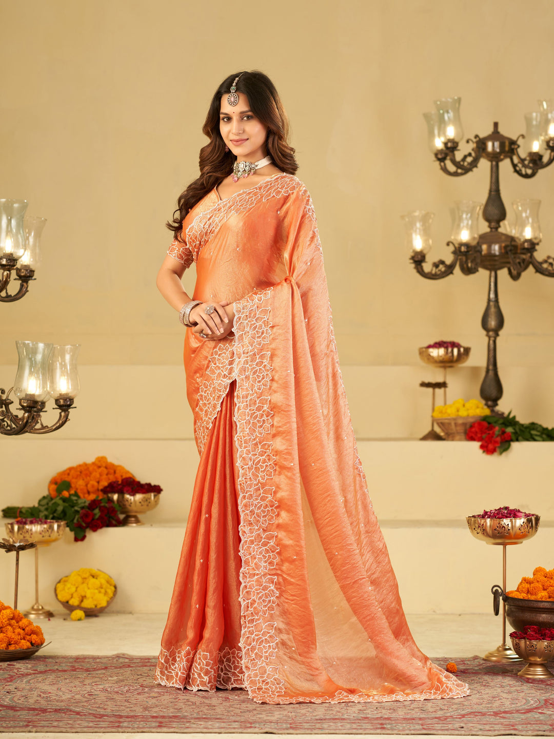 Peach Orange Fendy Satin Saree with White Floral Embroidery Border | Elegant Designer Festive Wear Saree with Blouse