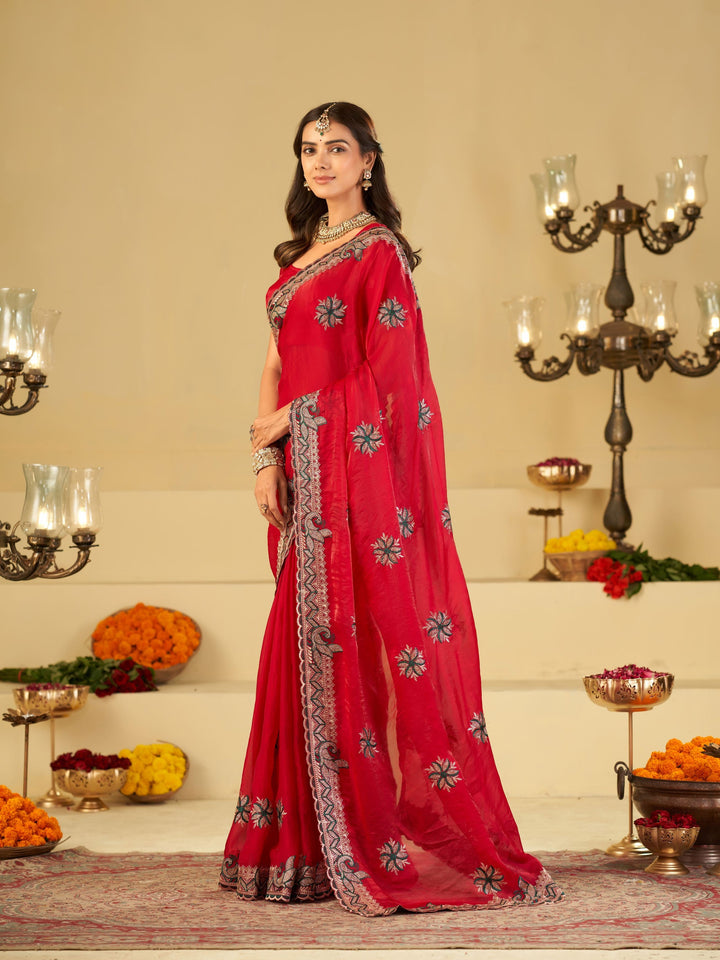 Rani Pink Designer Fendy Satin Saree with Heavy Embroidered Border | Festive Party Wear Saree with Floral Embroidery & Matching Blouse